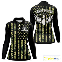 Load image into Gallery viewer, Black and Green Camo American Flag Bowling Shirts For Women Custom patriotic Bowling Team Jerseys NQS11177