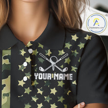 Load image into Gallery viewer, Black and Green Camo American Flag Golf Polo Shirts For Women Custom patriotic ladies's golf clothing NQS11178