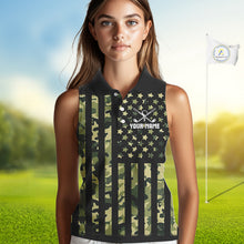 Load image into Gallery viewer, Black and Green Camo American Flag Sleeveless Polo Shirts Custom patriotic ladies's golf clothing NQS11178
