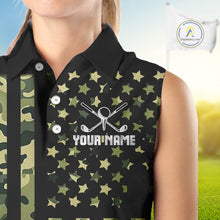 Load image into Gallery viewer, Black and Green Camo American Flag Sleeveless Polo Shirts Custom patriotic ladies's golf clothing NQS11178