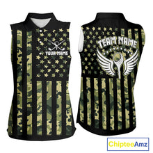 Load image into Gallery viewer, Black and Green Camo American Flag Sleeveless Polo Shirts Custom patriotic ladies's golf clothing NQS11178