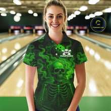 Load image into Gallery viewer, Custom Green Smoke Skull Bowling Polo, Quarter Zip Shirts For Women, Skull Team Bowling Jersey NQS10798