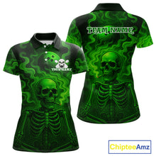 Load image into Gallery viewer, Custom Green Smoke Skull Bowling Polo, Quarter Zip Shirts For Women, Skull Team Bowling Jersey NQS10798