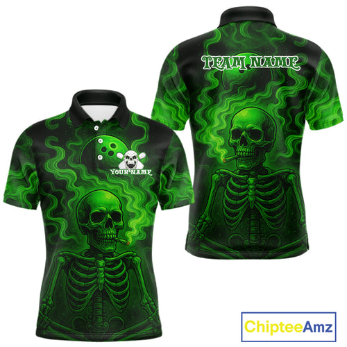 Custom Green Smoke Skull Bowling Polo, Quarter Zip Shirts For Men, Skull Team Bowling Jersey NQS10798
