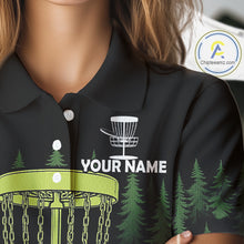 Load image into Gallery viewer, Black and Green Forest Disc Golf basket Women Disc golf polo shirts Custom team disc golf attire NQS10801