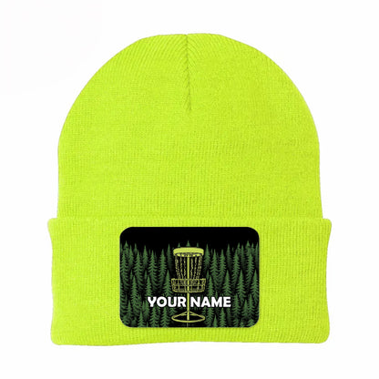 Green Forest Disc Golf basket custom name Rectangle Patch Disc Golf Knit Beanie Hat NQS10802