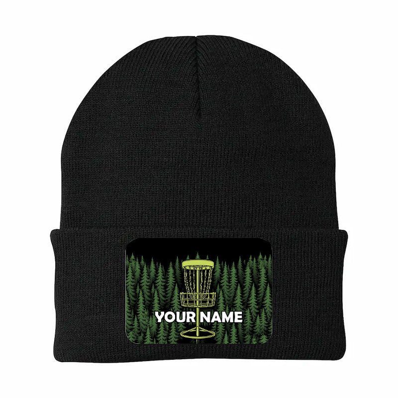 Green Forest Disc Golf basket custom name Rectangle Patch Disc Golf Knit Beanie Hat NQS10802