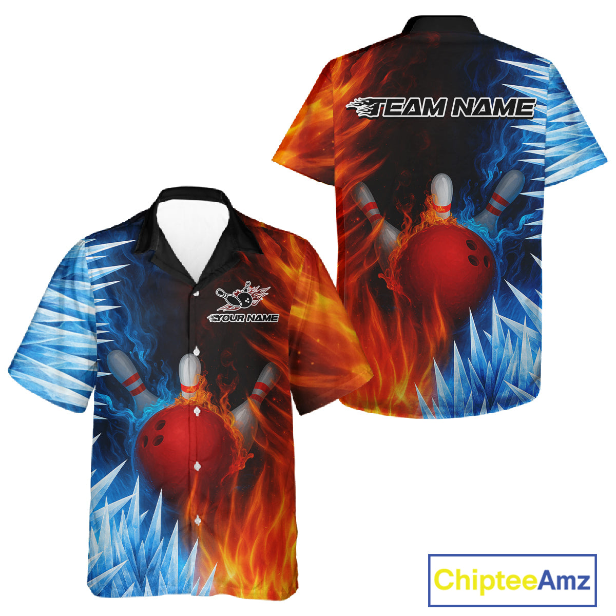 Fire and Ice Pattern Bowling Hawaiian Shirts Custom Flame Team Bowling Jerseys NQS11184