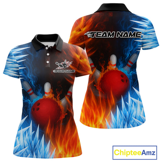 Fire and Ice Pattern Bowling Polo, Quarter Zip Shirts For Women Custom Flame Team Bowling Jerseys NQS11184