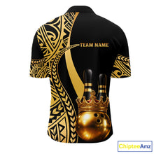 Load image into Gallery viewer, Black and Gold crown Bowling ball pins Polo, Quarter Zip Shirts for Men Custom Bowling Team jerseys NQS11592