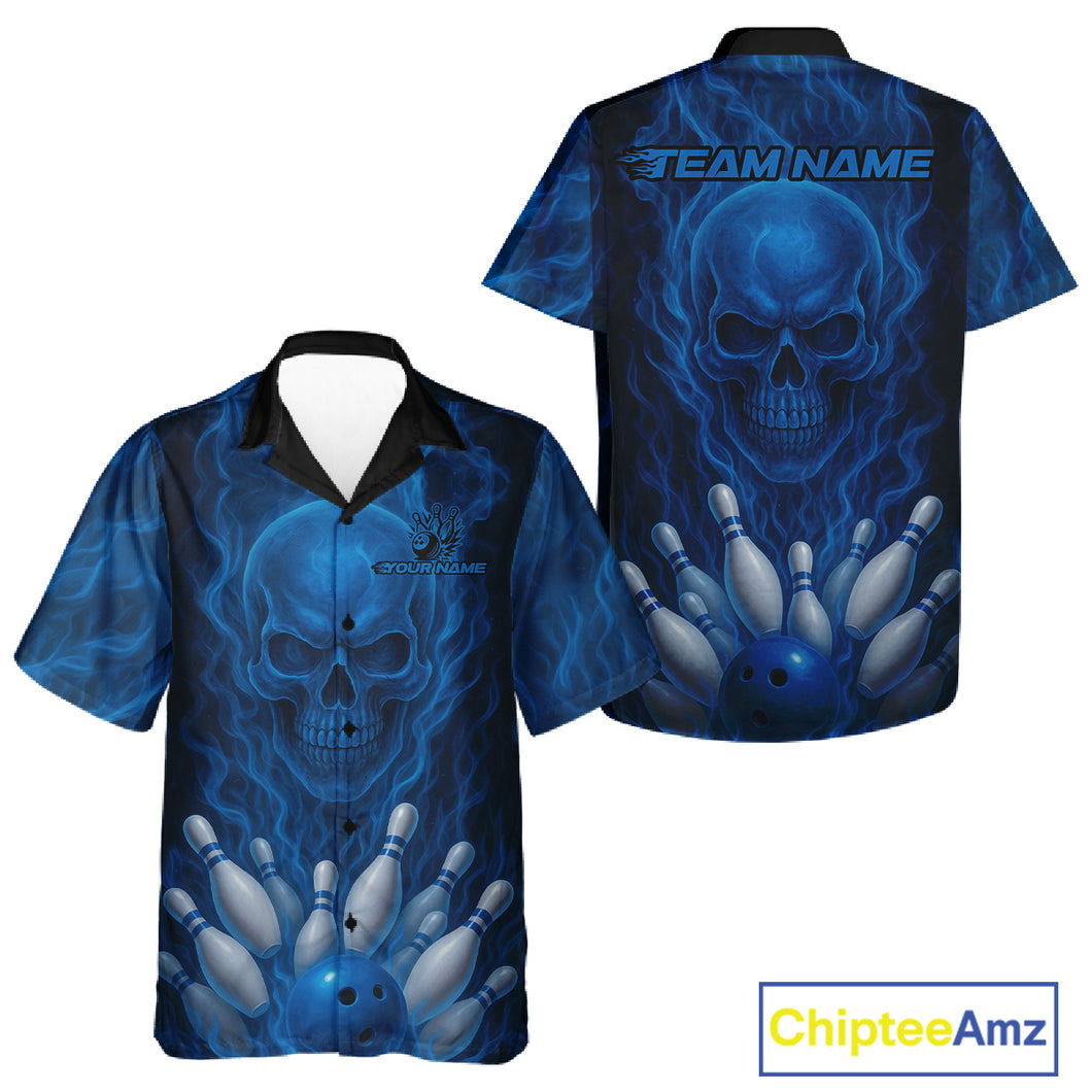 Blue Smoke Flame Skull Bowling Hawaiian Shirt custom Bowling Team Jersey, Gift For Bowler NQS10810