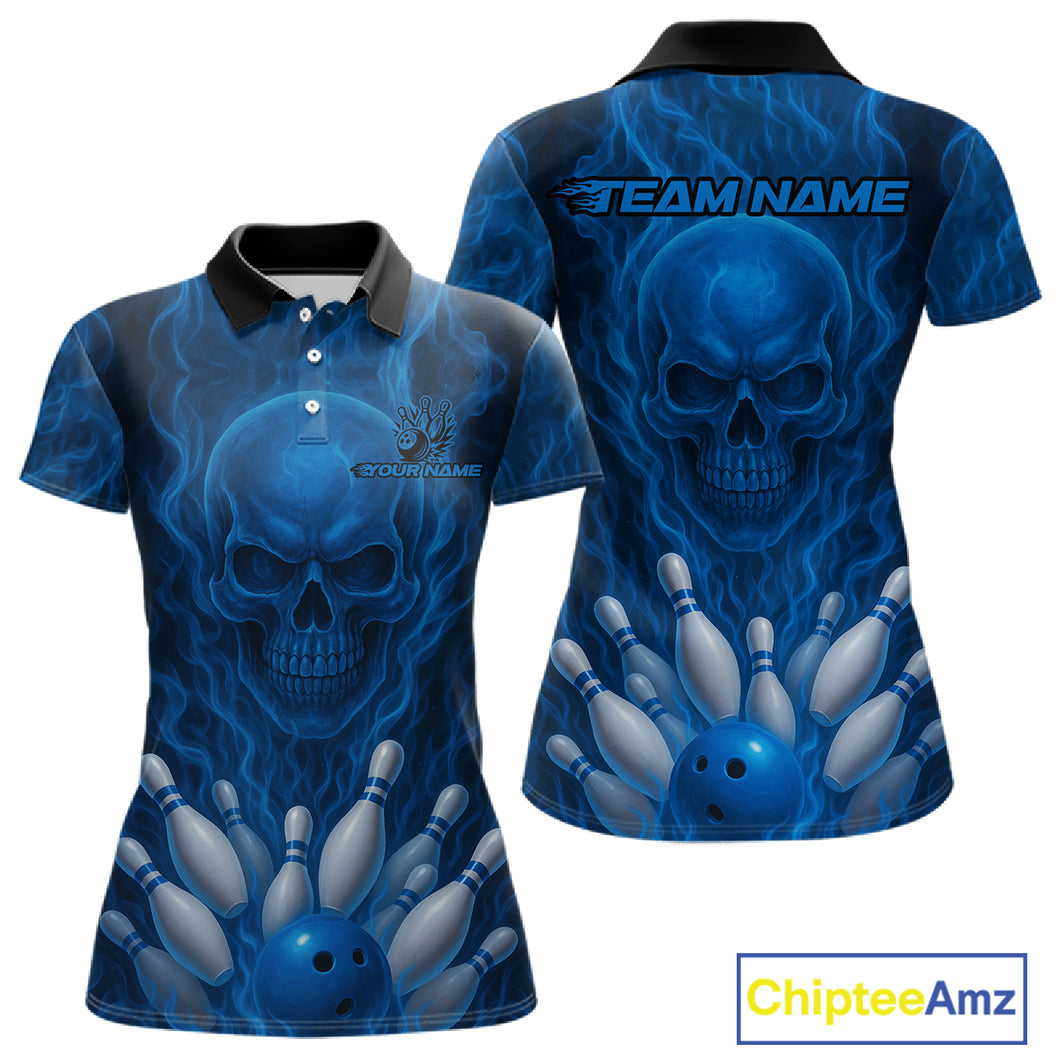 Blue Smoke Flame Skull Bowling shirts for Women custom Bowling Team Jersey, Gift For Bowler NQS10810