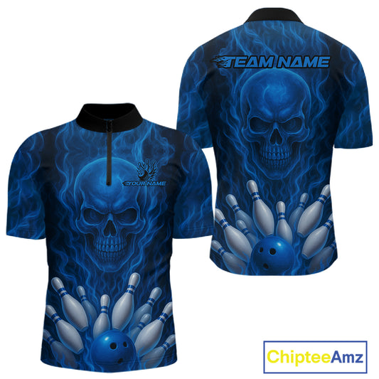 Blue Smoke Flame Skull Bowling shirts for Men custom Bowling Team Jersey, Gift For Bowler NQS10810