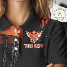 Load image into Gallery viewer, Black and Orange Flame Disc Golf basket Women Disc golf polo shirts Custom team disc golf outfit NQS10811