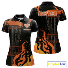 Load image into Gallery viewer, Black and Orange Flame Disc Golf basket Women Disc golf polo shirts Custom team disc golf outfit NQS10811
