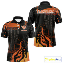 Load image into Gallery viewer, Black and Orange Flame Disc Golf basket Mens Disc golf polo shirts Custom team disc golf outfit NQS10811
