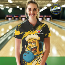Load image into Gallery viewer, Black And Yellow Funny Beer Bowling Women Polo, 1/4 Zip Shirts Custom Angry Beer Glass Bowling Jersey NQS10784