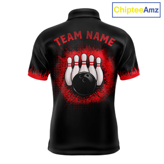Black and Red Flame Dragon Bowling Polo, 1/4 zip shirts for Men Custom Dragon team bowling jerseys NQS11482