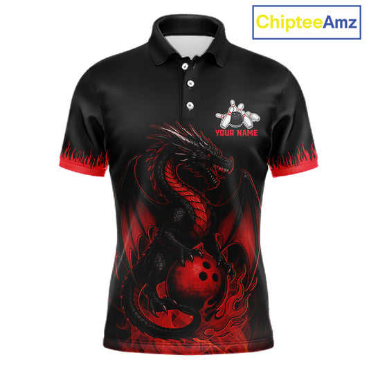 Black and Red Flame Dragon Bowling Polo, 1/4 zip shirts for Men Custom Dragon team bowling jerseys NQS11482