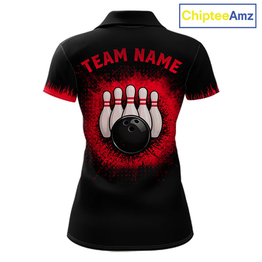 Black and Red Flame Dragon Bowling Polo, 1/4 zip shirts for Women Custom Dragon team bowling jerseys NQS11482