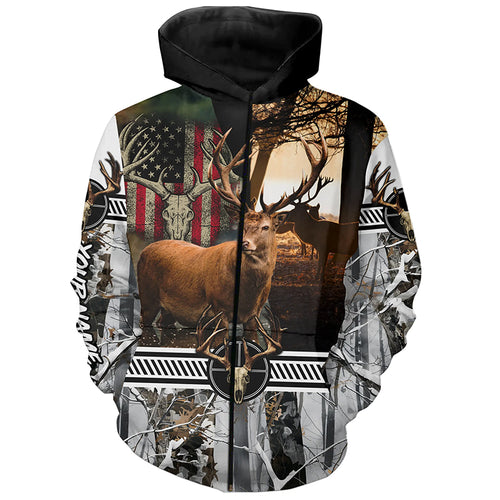 Red Deer stag hunting American flag winter camo custom name Shirt for Hunter, Deer hunting gift FSD24