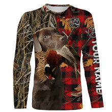 Load image into Gallery viewer, Chocolate Labrador Pheasant Hunting Dog Red Plaid Camo Custom Name Shirt, Christmas Gifts for Hunters FSD4239