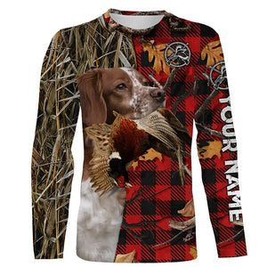 Brittany Pheasant Hunting Dog Red Plaid Camo Custom Name Shirt, Christmas Gifts for Hunters FSD4240