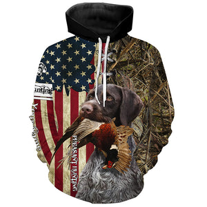 Deutsch Drahthaar Hunting Bird Dog Pheasant Hunter American flag full printing shirt, Hoodie FSD3247