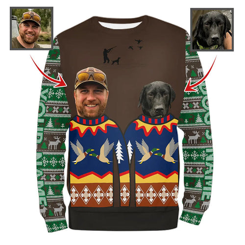 Funny Custom Ugly Christmas Sweatshirt for Duck Hunter – Hunter & Dog’s Face and Name FSD4759