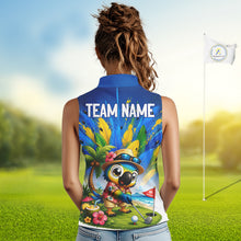 Load image into Gallery viewer, Personalized tropical parrot golf polo for women, funny Hawaiian bird design, sleeveless sport shirt side view.