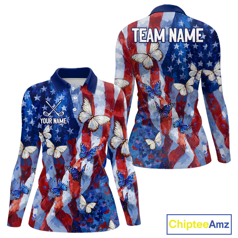 Personalized American Flag Butterfly Womens Golf Polo Shirt – Custom Name Patriotic Team Apparel NHT1033