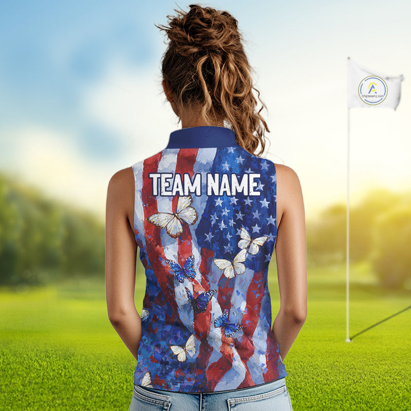 Personalized American Flag Butterfly Womens Sleeveless Golf Polo Shirt – Custom Name Patriotic Team Apparel 