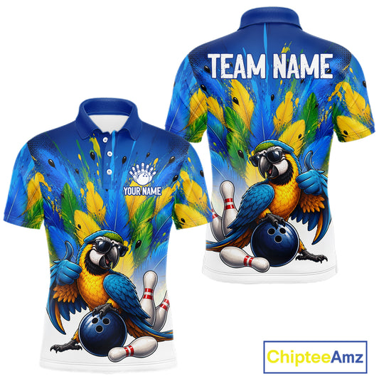 Men's green funny parrot bowling shirt – custom team jersey close-up