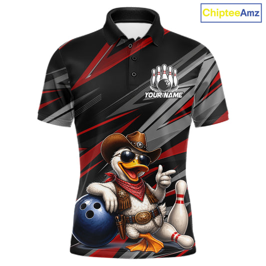 Men's custom cowboy duck bowling polo shirt – red front view