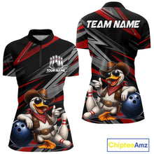 Load image into Gallery viewer, Women's custom cowboy duck bowling quarter zip shirt – red front view