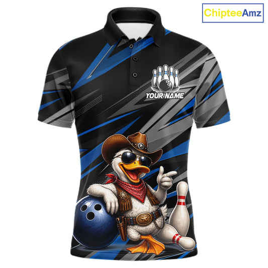 Men's custom cowboy duck bowling polo shirt – blue front view