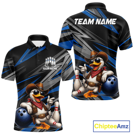 Men's personalized cowboy duck bowling jersey – blue close-up