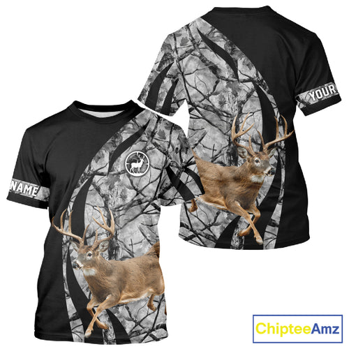 Deer Jumping Hunting 3D Black Gray Camo Custom Name All Over Print Shirt Hunting Shirts NHT206
