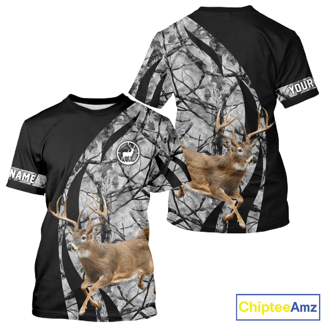 Deer Jumping Hunting 3D Black Gray Camo Custom Name All Over Print Shirt Hunting Shirts NHT206
