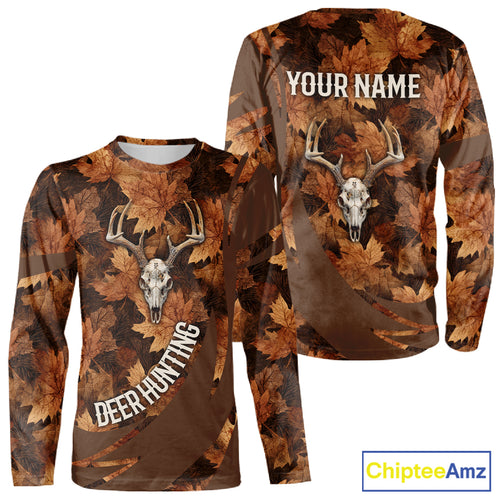 Skull Deer Hunting 3D Brown Camo Autumn Custom Name All Over Print Shirt Hunting Clothes NHT207