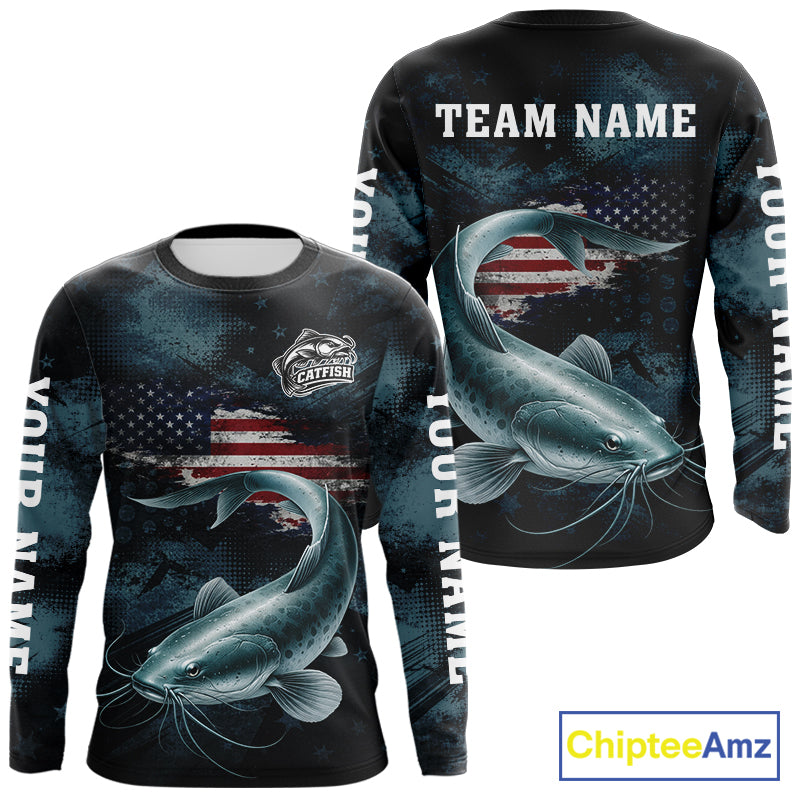 Personalized American Flag Catfish Fishing Shirts Long Sleeve, Patriotic Catfish Fishing  NHT523