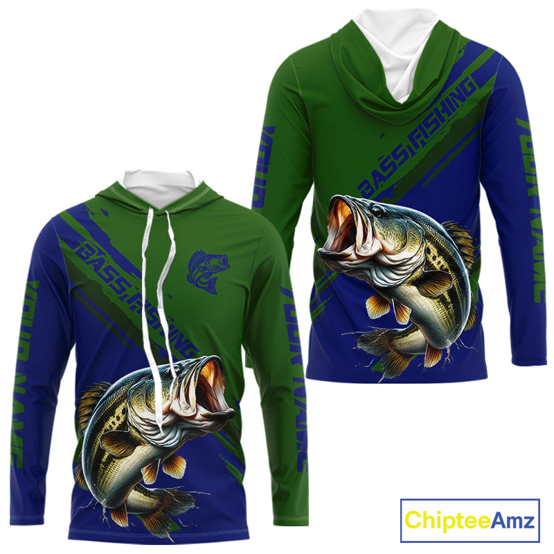 Green Blue Bass Fishing Shirt Long Sleeve Fishing Apparel For Men, Hooded Fishing Shirt For Fisher NHT873