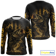 Load image into Gallery viewer, Back view of yellow bass fishing shirt made from breathable polyester with UPF 30+ sun protection.