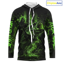 Load image into Gallery viewer, Green Grim Reaper Bass Fishing Jersey hooded long sleeve with largemouth bass graphic and performance fit.