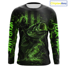 Load image into Gallery viewer, Green Grim Reaper Bass Fishing Jersey long sleeve with largemouth bass graphic and performance fit.