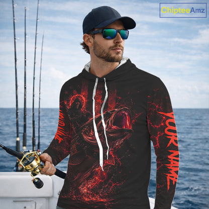 Grim Reaper Bass Fishing Jersey, Largemouth Bass Long Sleeve Hooded Performance Fishing Shirt|Red NHT1212