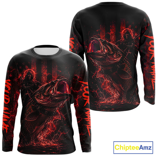 Back view of red bass fishing shirt made from breathable polyester with UPF 30+ sun protection.