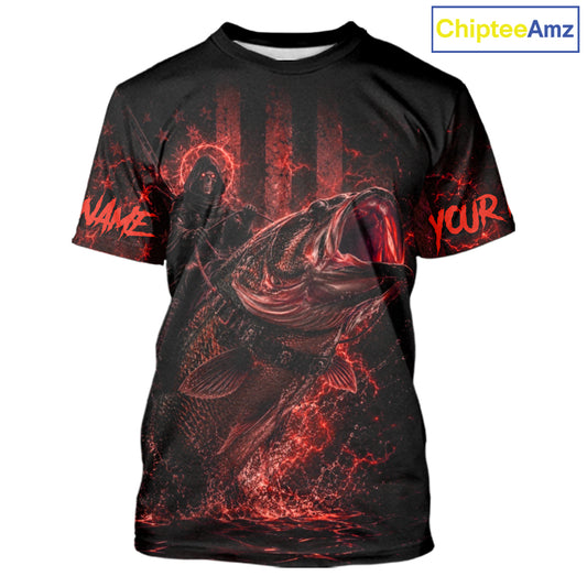 Red Grim Reaper Bass Fishing Jersey with largemouth bass graphic and short sleeve performance fit.