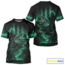 Load image into Gallery viewer, Back view of turquoise bass fishing shirt made from breathable polyester with UPF 30+ sun protection.