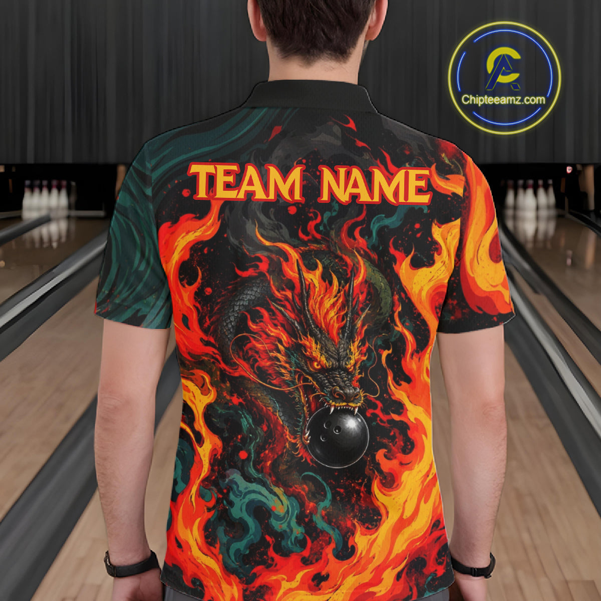 Dragon Bowling Polo Shirt Custom Name Team Fire Dragon Quarter Zip Jersey For Men NHT1348